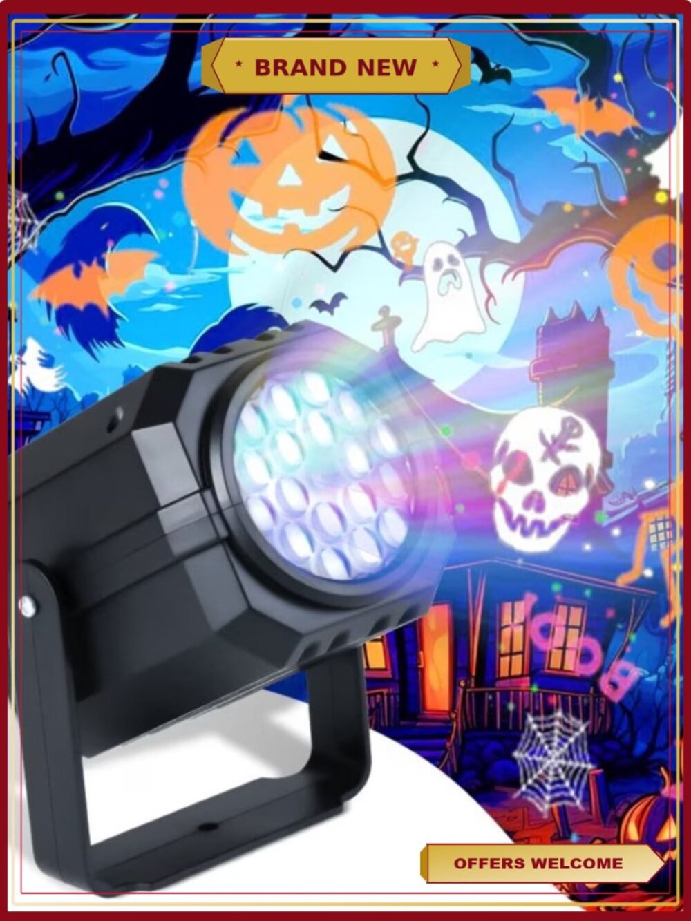 Halloween Square Projector Light 360° Rotating USB Pumpkin LED Decor